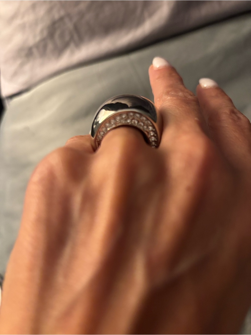 Polished Silver Dome Ring with Pavé Crystal Accent - Silver cocktail ring